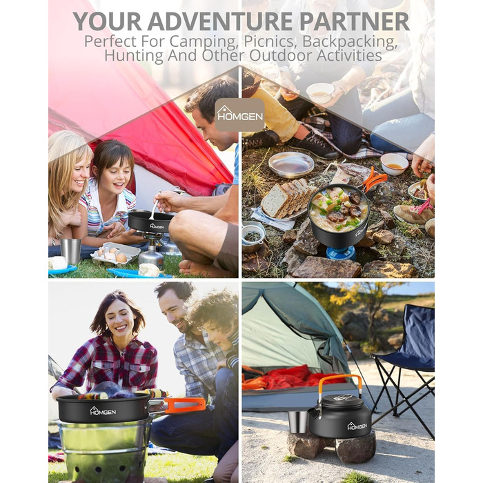 Набір кухонного посуду для кемпінгу HOMGEN: каструлі та сковорідки з алюмінію, легкий, для 2-3 осіб, з сумкою, для кемпінгу, пікніків, походів