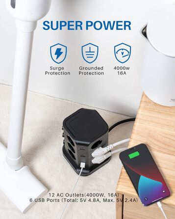 Мережевий фільтр KOOSLA з 12 розеток, 6 USB-портами, захистом від перенапруги, індивідуальним керуванням, 2м кабель, чорний