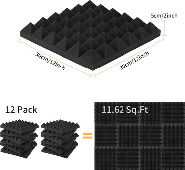 Акустичний поролон для шумоізоляції стін, панелі зі звукопоглинаючого пінопласту високої щільності для студії запису, офісу та танцювального залу, 30x30x5 см, 12 шт.