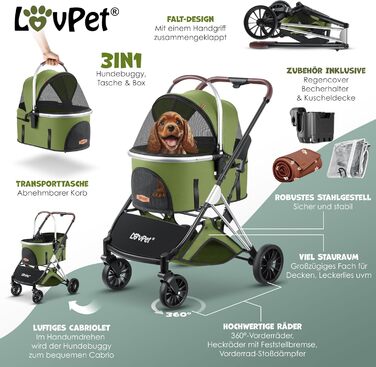 Візок для собак 3в1: візок-переноска, сумка-переноска, лежанка. Макс. вага 20 кг. Зручний, складний, з великими колесами, сітковими віконцями, дощовиком, тримачем для напоїв та м'якою підстилкою. Підходить для собак та котів (Khaki / Silver)