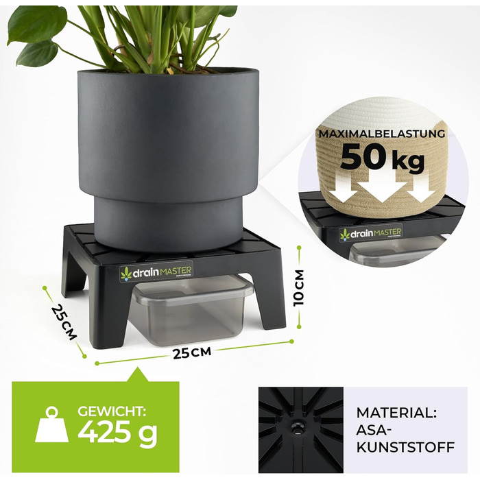 Піддон для квіткових горщиків DrainMaster 24x24 см, 3 шт, квадратний, з дренажем, для кімнатних і вуличних рослин, аксесуар для гроутенту, виготовлено в Німеччині