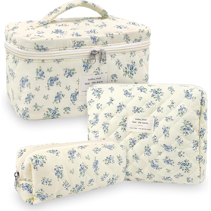 Набір косметичок 3 шт. для подорожей, косметичка для жінок з квітковим принтом, блакитний колір
