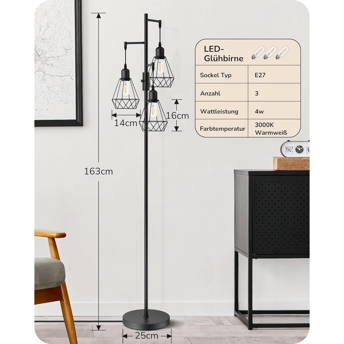 LED торшер Edishine для вітальні, 3 лампи, ретро стиль, диммування, 4W E27, металевий абажур-сітка, 2700K, висота 166 см, чорний