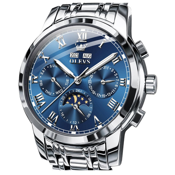 Чоловічий механічний годинник OLEVS 6692 з автопідзаводом, сталевий браслет, синій циферблат, фаза місяця, водонепроникний, люкс