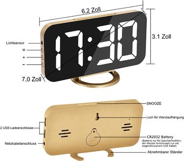 Цифровий годинник SZELAM з LED-дзеркалом 7 дюймів, 2 USB-порти, функція відкладання, автоматичне регулювання яскравості, для дому, колір золотий