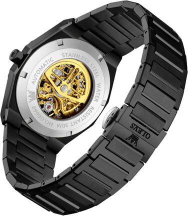 Чоловічий механічний годинник OLEVS Gold Skeleton: автоматичний підзавод, сталь, водонепроникний, з діамантами та підсвіткою (6669 Schwarz)