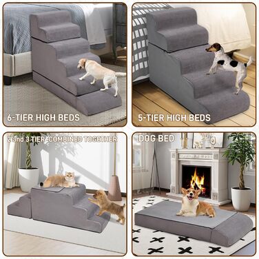 Сходинки для собак LitaiL з 6 сходинками, сірі. Підходять для високих ліжок, 63.5–76.2 см. Безпечні, з антиковзким покриттям. Ідеально для маленьких та великих собак.