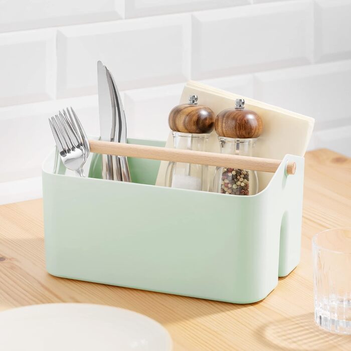 Navaris Storage Box with Wooden Handle - 2 Compartment Box Organizer for Bathroom Kitchen - Basket Storage for Cutlery Cleaning Supplies Portable Small - mint green