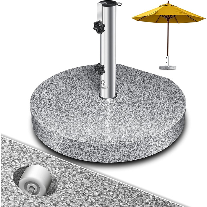 KESSER® Granit Parasol Stand with Stainless Steel Tube, High-Quality Round Base Stand 30KG - for Umbrella Poles up to 16-48 mm, Incl. Transport Handle Garden Balcony Parasol Stand, Grey