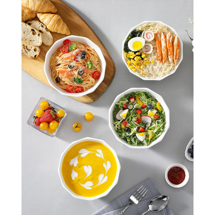 Набір мисок MALACASA Serie Regular (4 шт.) – 800 мл, 1020 мл, кераміка, для мюслі, супу, рамен (білий)