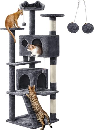 Кігтеточка для котів Yaheetech, велика, 158 см, з 3 платформами, 3 стовпчиками для заточування, 2 будиночками, м'ячиками, сірого кольору