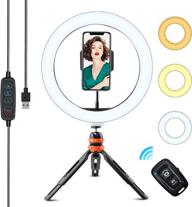 LED кільцева лампа з штативом для телефону 26 см (10 дюймів) - 3 режими світла, 11 рівнів яскравості, регульована, для селфі, макіяжу, стрімінгу