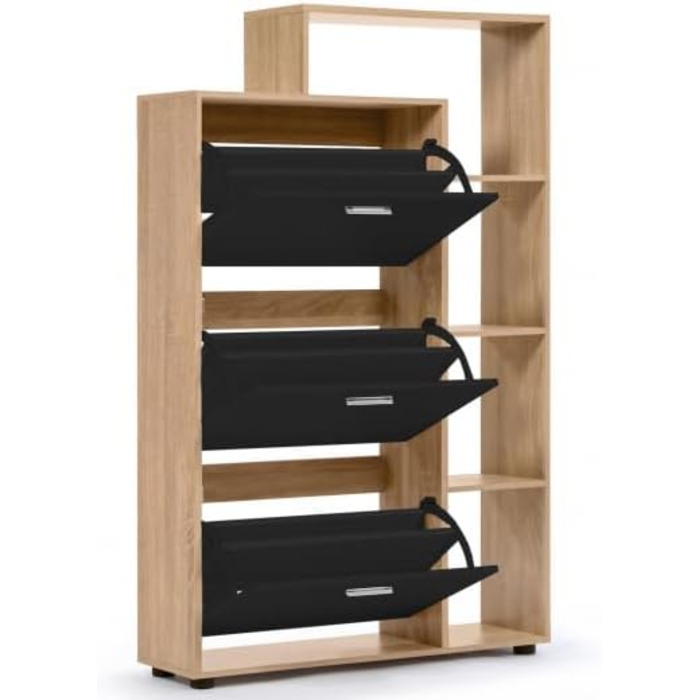 Shoe cabinet KLARK for 18 pairs, beechwood imitation finish, 3 black doors with shelf