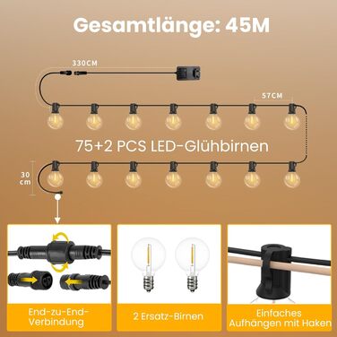 LED гірлянда Yuusei для декору: 100+4 лампочки, тепле світло, IP45, 45м (2x30м), для саду, балкону, вечірки