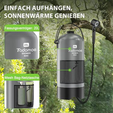 Сонячний душ Tadomoe 20L з насосом та сумкою, 2000mAh, для кемпінгу, пляжу, подорожей (сірий)