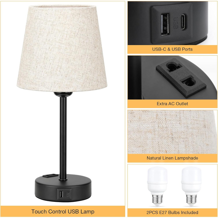 Настільна лампа Kakanuo з торшером, 2 шт., з USB-портом, диммуванням, LED, для спальні, вітальні, дитячої кімнати, офісу, бежевий лінолеум
