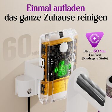 Бездротовий акумуляторний пилосос 45000 Па, 60 хв, 1.75 кг, 6-в-1 з сенсорним екраном, LED-підсвічуванням, антизаплутувальною насадкою та зарядною станцією, 7-шарова фільтрація для шерсті тварин, килимів, твердих поверхонь, авто, білий з фіолетовим