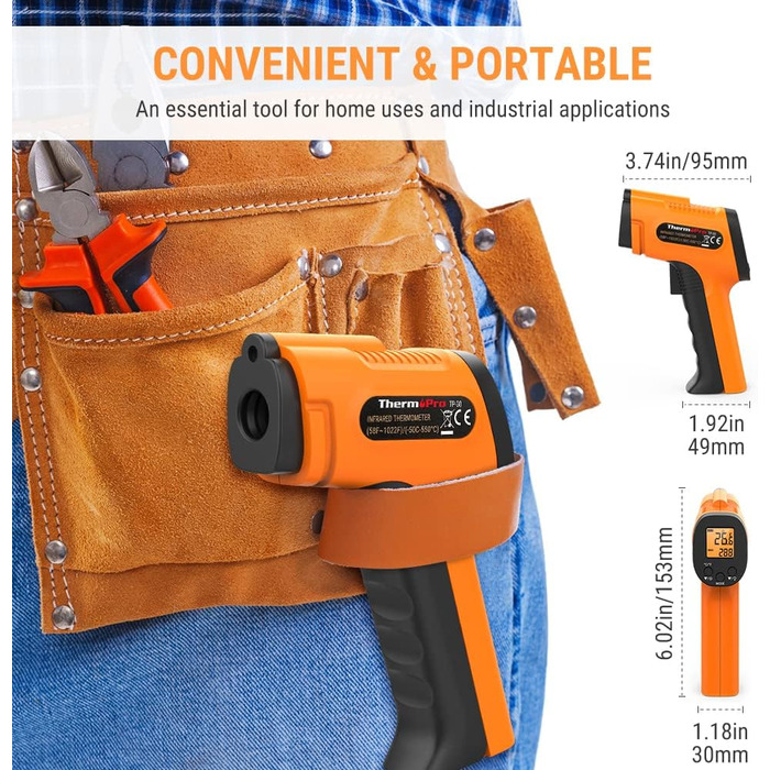 Інфрачервоний термометр ThermoPro TP30 -50°C ~ 550°C, вимірювання температури, лазерний, MAX/MIN/AVG, для клімату, авто, підлоги, °C/°F