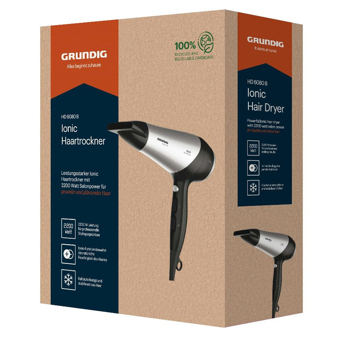 Фен GRUNDIG HD 6080 B 2200 Вт з іонізацією, керамічним покриттям та 3 режимами температури, чорний/срібний (2023)