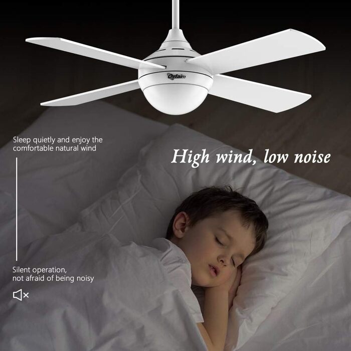Стеляний вентилятор Ovlaim 122 см з регульованою LED-підсвіткою та пультом дистанційного керування, коричнева лампа, 6 швидкостей вітру, DC мотор, тихий для спальні/тераси (білий)