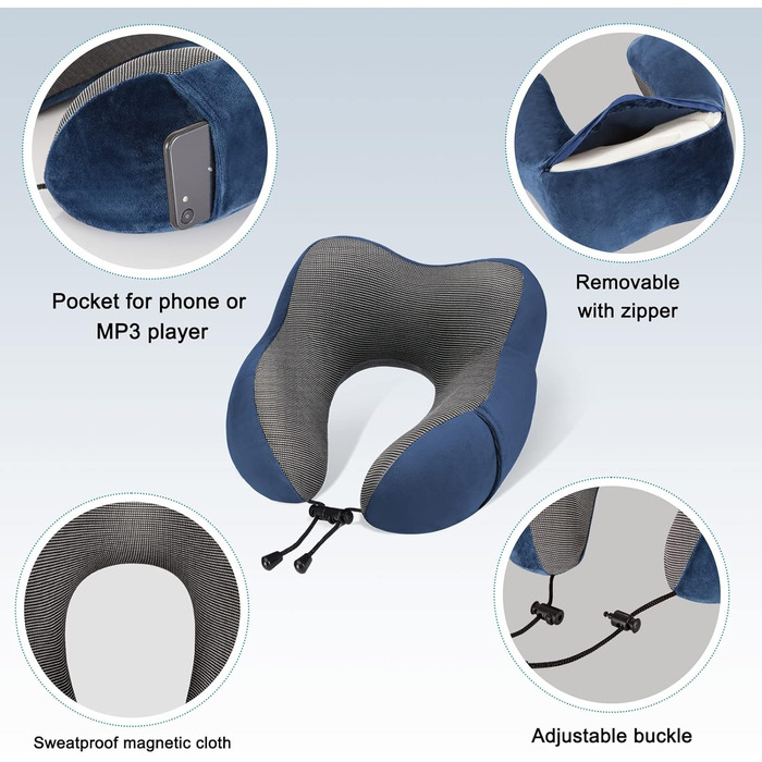 Подушка для шиї Eono з піною Memory Foam, ергономічна, для подорожей, з маскою для сну та навушниками, сумка, темно-синій