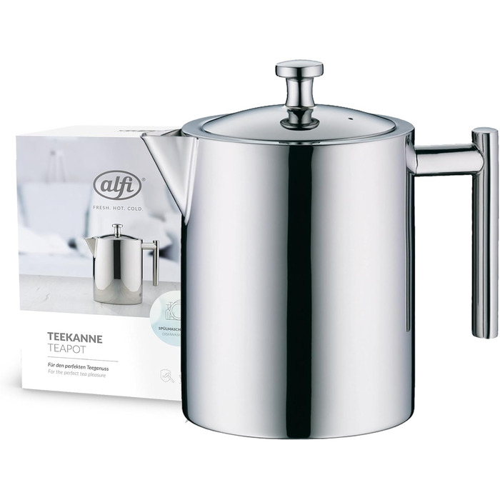alfi TEA POT 1.40l, Stainless steel insulated pot with tea strainer and tea catcher, single-walled stainless steel, durable thermos pot, ideal as a teapot for loose tea, dishwasher-safe, BPA-free