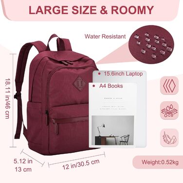 Рюкзак RAVUO для чоловіків та жінок, 15.6 дюймів, водонепроникний, для підлітків, для школи, подорожей, роботи, чорний, бордовий
