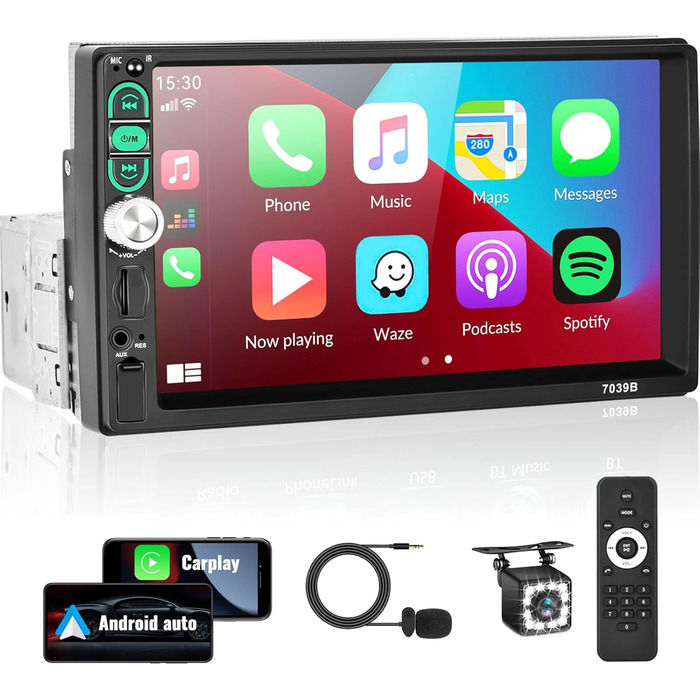 Автомагнітола SIXWIN 1 DIN з 7'' сенсорним екраном, Apple CarPlay, Android Auto, Bluetooth, FM, USB/AUX/TF, з камерою заднього виду, мікрофоном та пультом