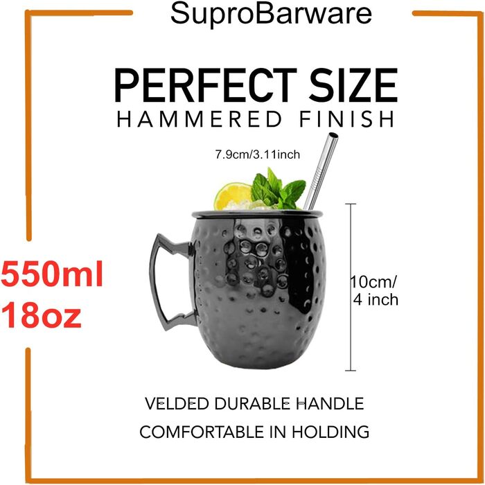 Moscow Mule Mug Set, 4-Piece, Gunmetal Black 550ml, Moscow Mule Mug with 4 Cups, 4 Straws, 1 Measuring Cup for Cold Drinks, Beer, Gin, Vodka, Cocktails, and Water Enjoyment
