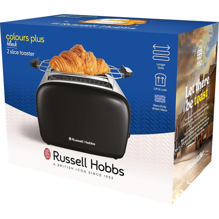 Тостер Russell Hobbs Colours Plus на 2 тости, нержавіюча сталь, чорний, з широкими відділеннями, підставкою для булочок, 6 режимів підсмажування, функцією розморожування, Lift & Look, 1600 Вт (26550-56)