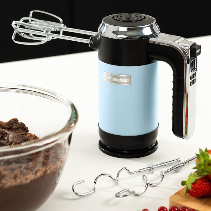 Westinghouse Retro Hand Mixer, 5 Speed Settings + Turbo Function, 2 Beaters, 2 Dough Hooks, LCD Display, Timer, Non-Slip Base, Storage Bag, 350 Watts, Light Blue