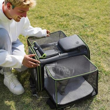 Транспортна сумка для котів та собак, розширювана. Транспортна переноска для тварин, велика, 48x30x31 см (сірий з зеленим)