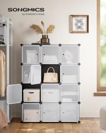 SONGMICS Regal System, Shoe Rack, Set of 16 Cubes, Plastic Wardrobe, with Doors, Plug-in Shelf, Storage for Clothes, Shoes and Books, Easy Assembly, LPC443G01 (12 Cubes (93B x 123H cm), Black)