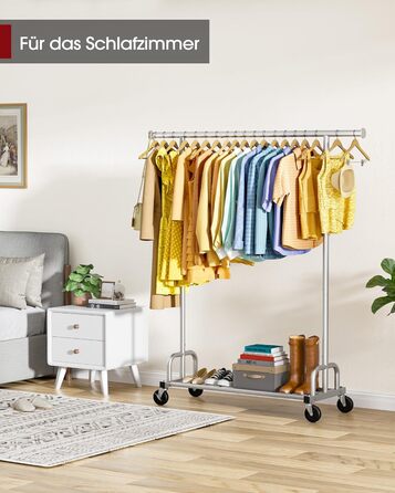 Вешалка для одягу на колесах, з полицею та широкою перекладиною, 116 x 43 x 150 см, сріблястого кольору