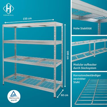 Вуличний металевий стелаж для важких вантажів, 1500 кг, 180x90x45 см, 5 полиць, оцинкований, TÜV, тип L