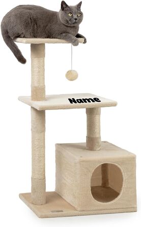 Lionto Scratching Post for Cats with Cave and Plush Ball incl. Bell, Height 85 cm, Cat Tree with Sisal & Plush, Cozy Resting Areas & Cave, Suitable for Small & Large Cats, (Beige (with name tag))