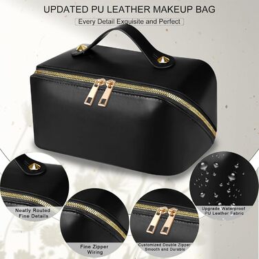Косметичка для подорожей жіноча, велика містка, з PU шкіри, органайзер для макіяжу, культбагаж, косметичка для аксесуарів у подорожах, чорна гладка