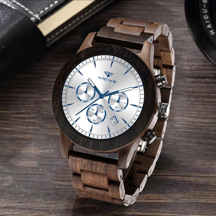 Дерев'яний годинник на руку з натурального дерева, кварцовий годинник з датою, хронограф (Вільха Біла)