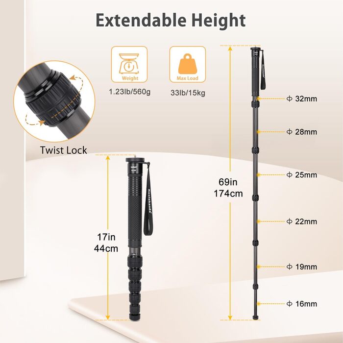 Штатив монопод Koolehaoda KQ-326C: карбонове, 44-174 см, 6 секцій, 32 мм, для фото та відео