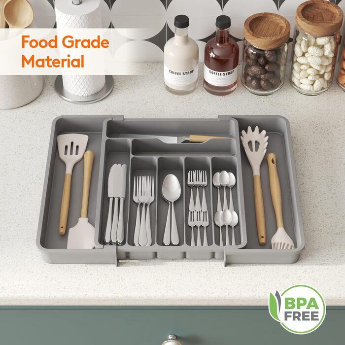 Органайзер для столових приборів Lifewit в шухляду, розсувний, пластиковий, 7-9 відділень, сірий, глибокий 38 см - великий розмір