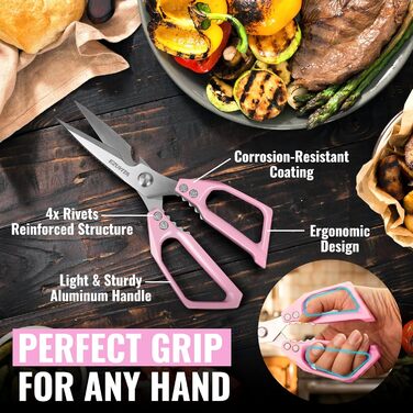 Набір кухонних ножиць 5-в-1 з пінцетом, кухонні ножиці з титановим покриттям, нержавіюча сталь, придатні для миття в посудомийній машині, універсальні ножиці для кухні, птиці, риби, м'яса (рожеві)