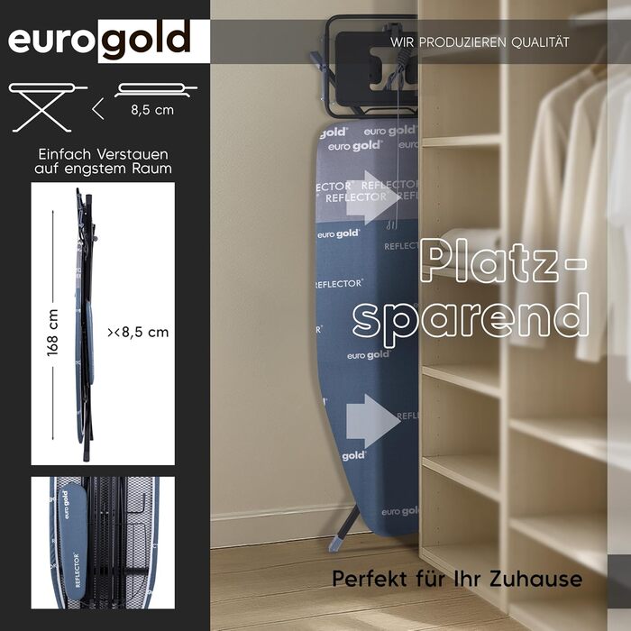 Прасувальна дошка EUROGOLD® XXL 130x48 см з турбочохлом та дощечкою для рукавів - для парогенераторів (Виготовлено в Європі) - з розеткою - стабільна та регульована по висоті, блакитна
