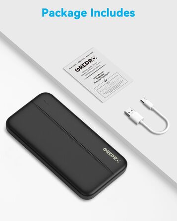 Power Bank GREPRO 10000mAh: компактний зарядний пристрій з USB-C та 2 USB виходами, чорний