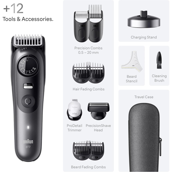 Триммер для бороди Braun Series 7 BT7420 Сірий: Акумуляторний, Водонепроникний, 40 налаштувань довжини + 12 насадок, Gillette Fusion5