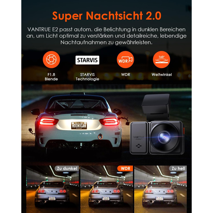Відеореєстратор VANTRUE E2 Dual 2.7K+2.7K з GPS, WiFi та пультом керування. Подвійний об'єктив, нічне бачення, паркувальний режим, G-сенсор, підтримка карт пам'яті до 512GB