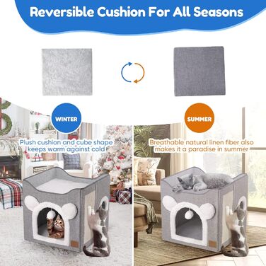 Foldable Cat House, 2-Tier Cat Cave Cube Large Space Cat Bed with Scratching Board and Play Ball for Small to Medium Pets Indoor Retreat 40 * 40 * 35cm Grey