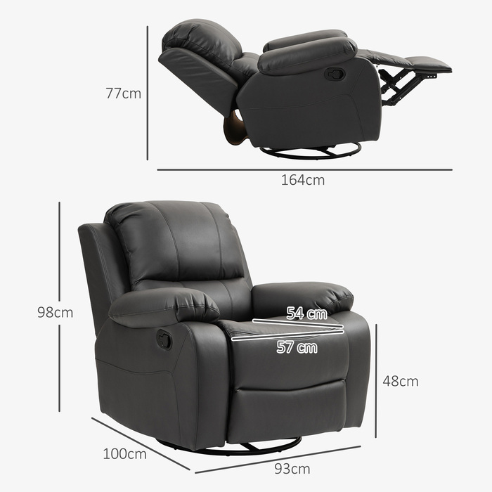 HOMCOM Recliner Chair with Adjustable Backrest & Footrest, Swivel, Up to 150 kg (220 lbs), Steel Frame, 36.6 x 39.4 x 30.7 inches, Black
