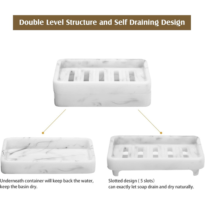 Підставка для мила Shinowa з подвійним шаром та знімним контейнером для води, білий мармур, для ванної кімнати, кухні, душу
