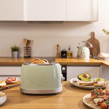 Тостер Cecotec Toast&Taste 800 Vintage Green, 850 Вт, 2 слоти, зелений, нержавіюча сталь, 3 функції