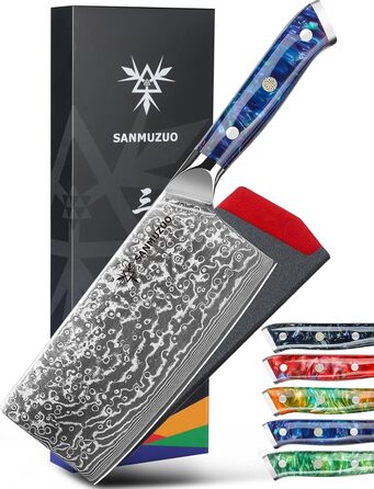 SANMUZUO Nakiri Messer 19 см - професійний ніж шеф-кухаря Дамаск, серія Xuan, VG10 сталь, ручка з гірської смоли (Dream Orange)